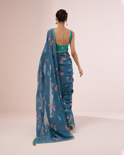 Hibiscus Chanderi Silk Saree – Indigo