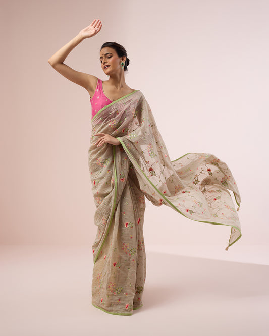 Hydrangea Chanderi Silk Saree – Mushroom