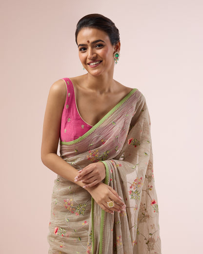 Hydrangea Chanderi Silk Saree – Mushroom