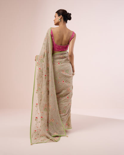 Hydrangea Chanderi Silk Saree – Mushroom