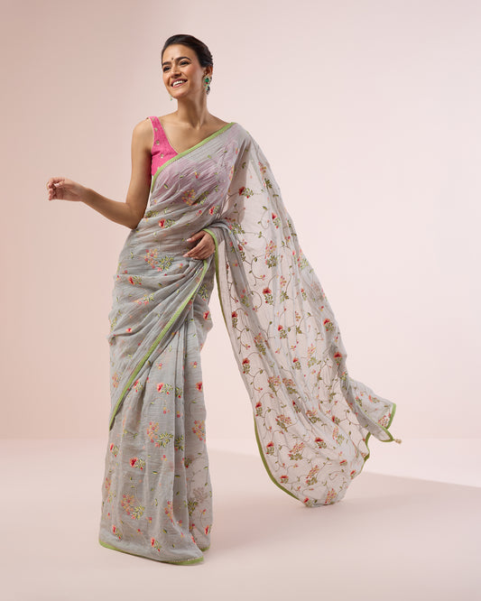 Hydrangea Chanderi Silk Saree – Sky