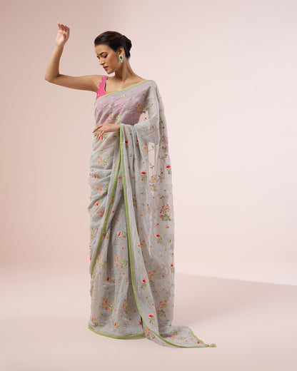 Hydrangea Chanderi Silk Saree – Sky
