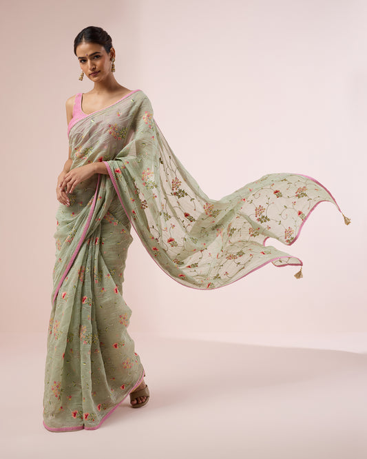 Hydrangea Chanderi Silk Saree – Fern Green