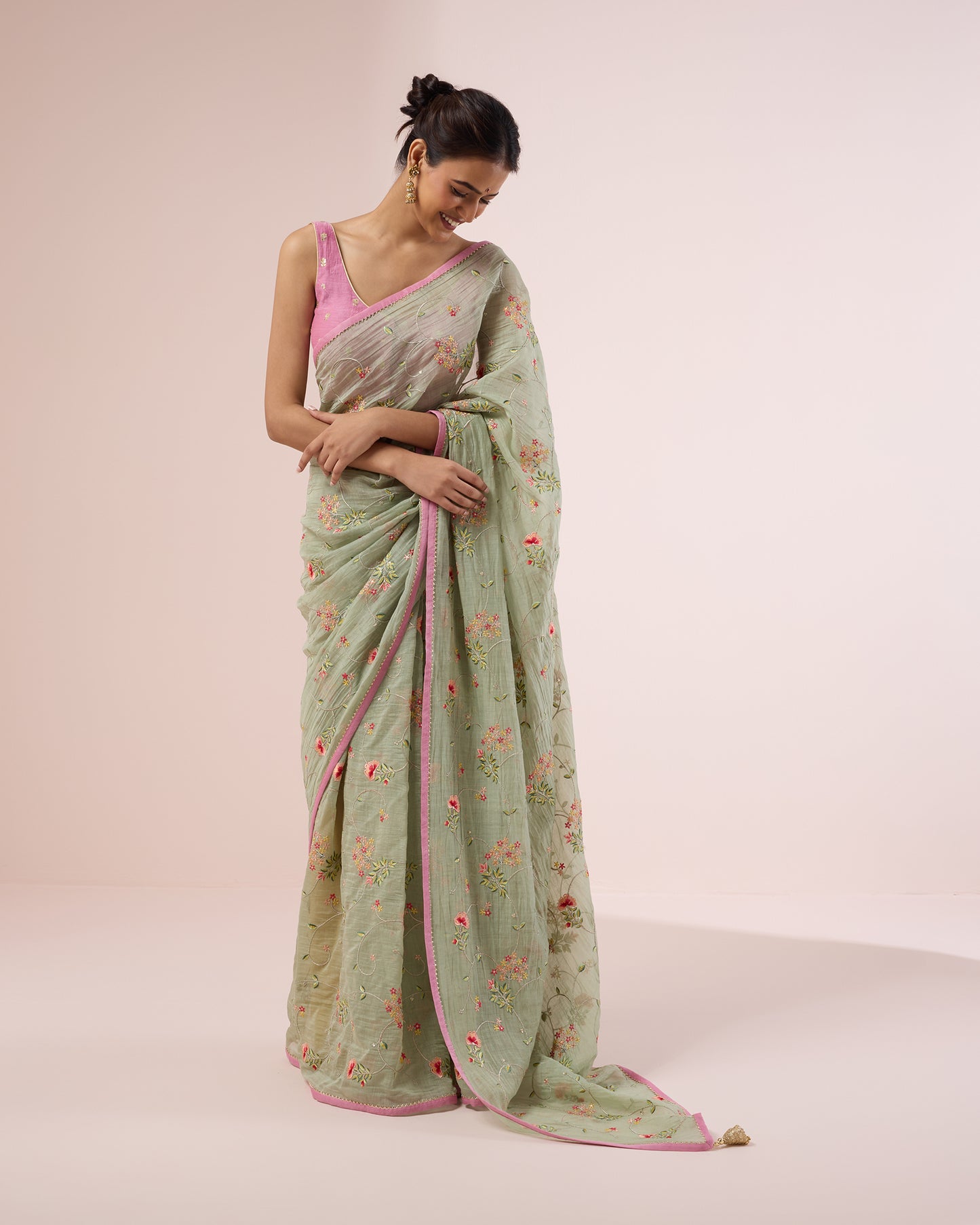 Hydrangea Chanderi Silk Saree – Fern Green