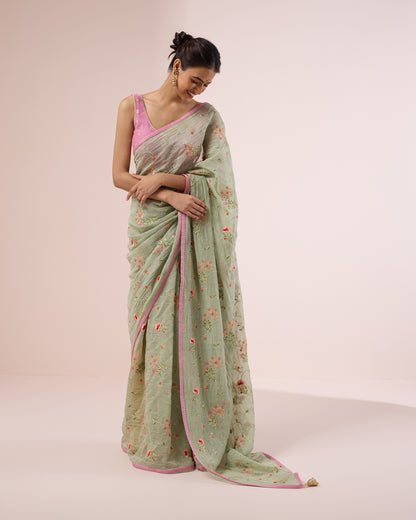 Hydrangea Chanderi Silk Saree – Fern Green