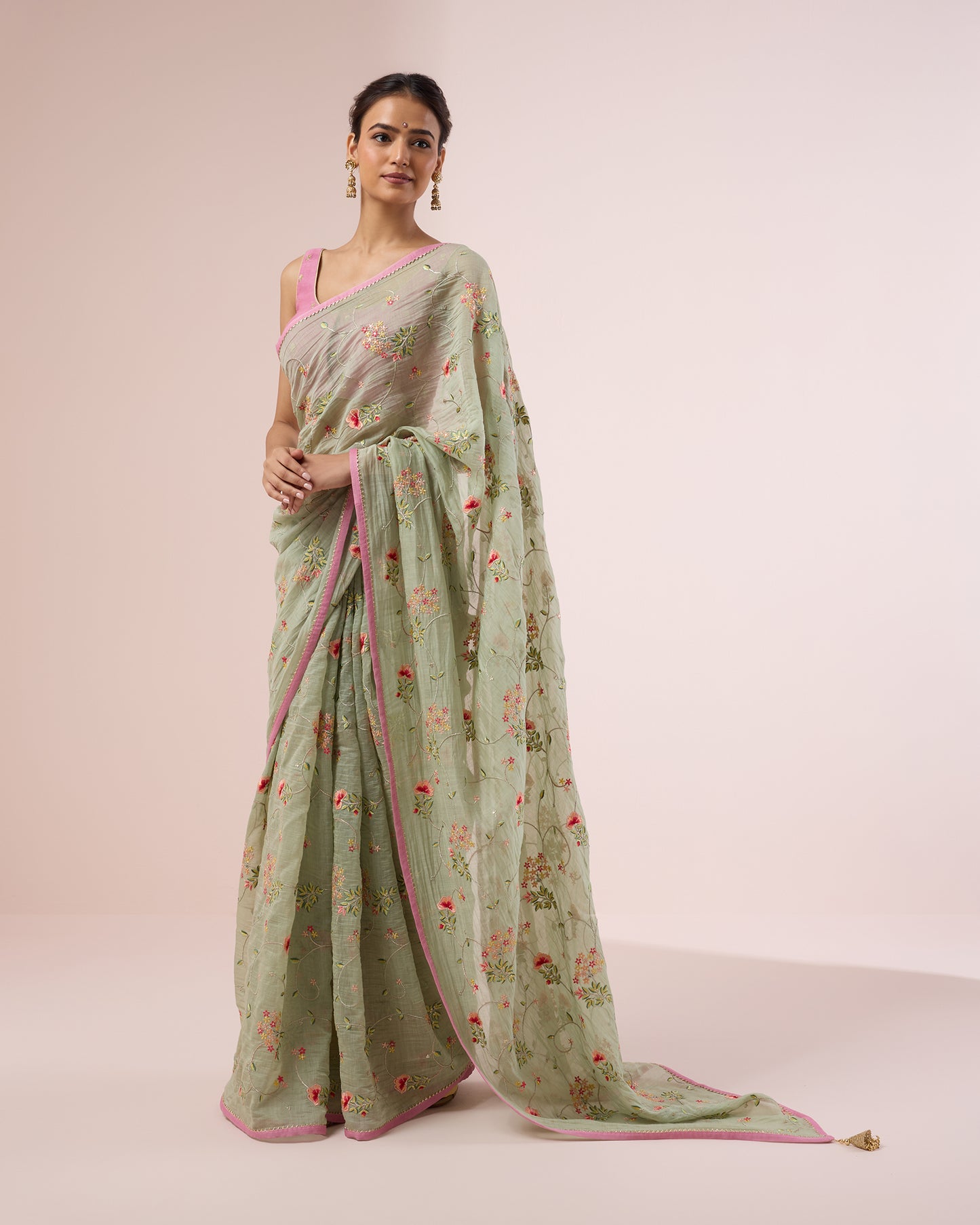 Hydrangea Chanderi Silk Saree – Fern Green