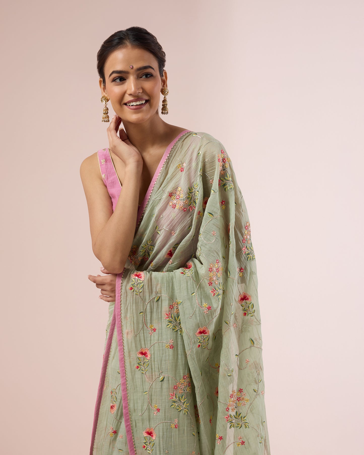 Hydrangea Chanderi Silk Saree – Fern Green