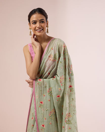 Hydrangea Chanderi Silk Saree – Fern Green