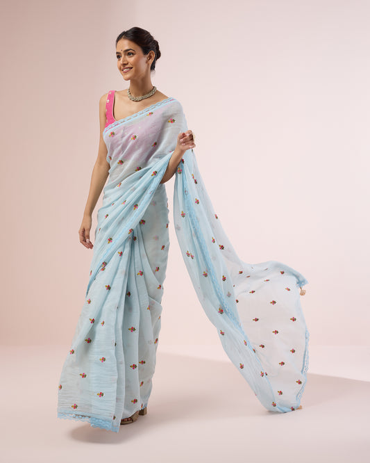 Primrose Chanderi Silk Saree – Sky