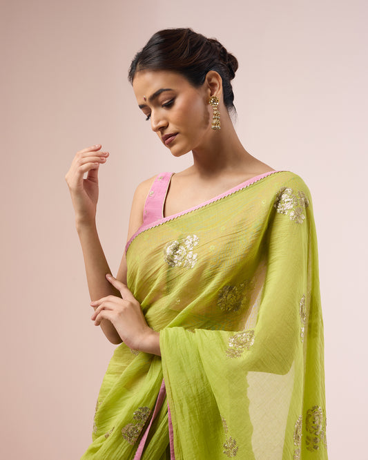 Rose Sequin Chanderi Silk Saree – Lime Green