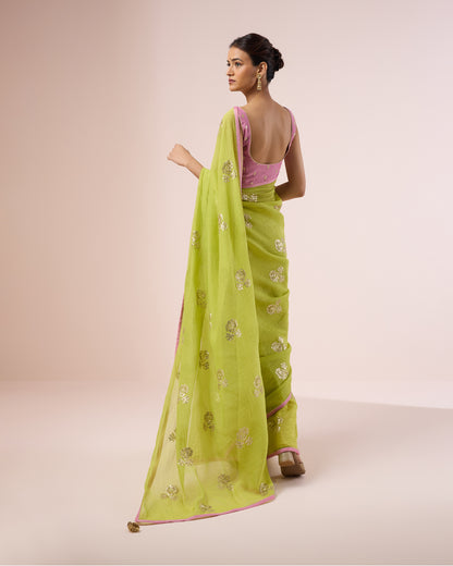 Rose Sequin Chanderi Silk Saree – Lime Green