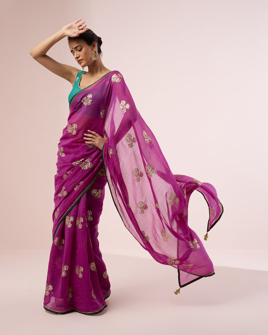 Rose Sequin Chanderi Silk Saree – Aubergine