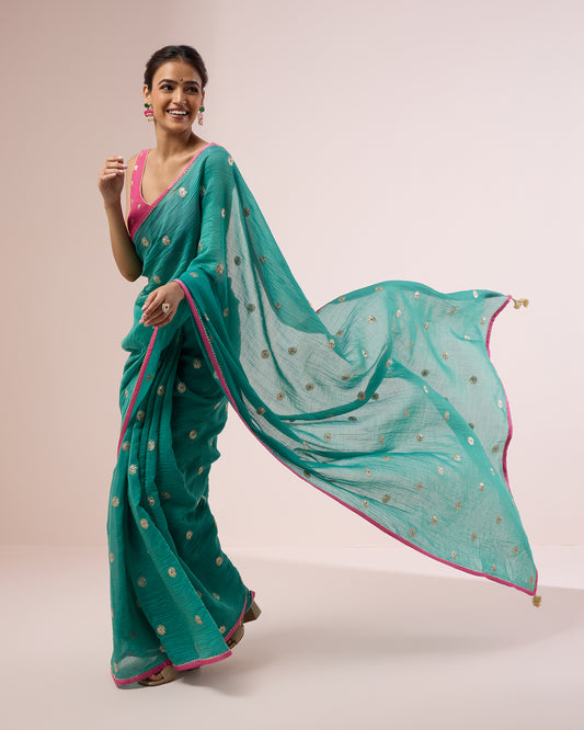 Mogra Chanderi Silk Saree – Emerald
