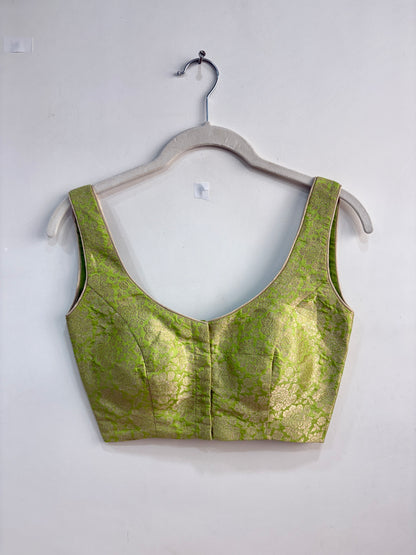 LIME BROCADE SLEEVELESS BLOUSE WITH PADS