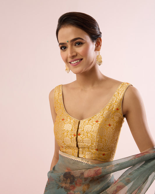 HALDI YELLOW BROCADE SLEEVELESS BLOUSE WITH PADS