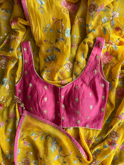 PERIWINKLE CHANDERI SILK SAREE- YELLOW