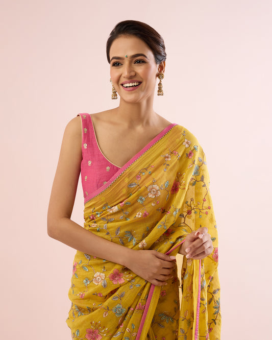 PERIWINKLE CHANDERI SILK SAREE- YELLOW