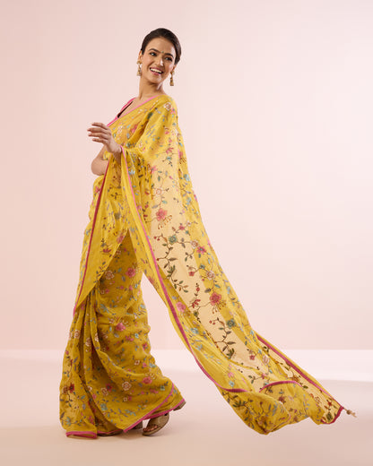 PERIWINKLE CHANDERI SILK SAREE- YELLOW