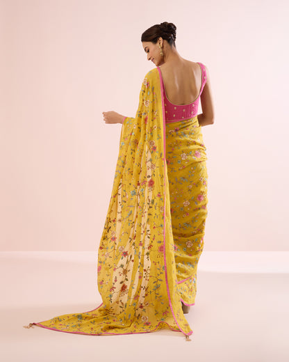 PERIWINKLE CHANDERI SILK SAREE- YELLOW