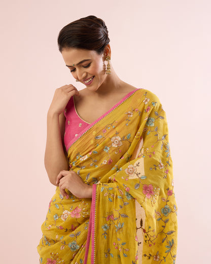 PERIWINKLE CHANDERI SILK SAREE- YELLOW