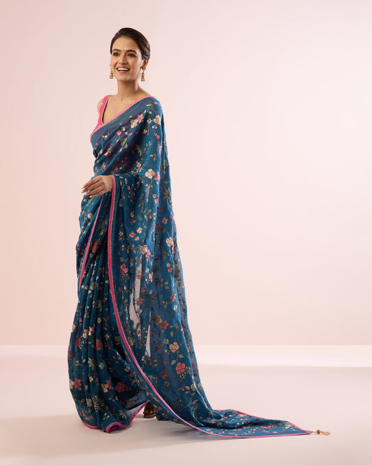 PERIWINKLE CHANDERI SILK SAREE- INDIGO