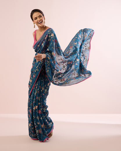 PERIWINKLE CHANDERI SILK SAREE- INDIGO