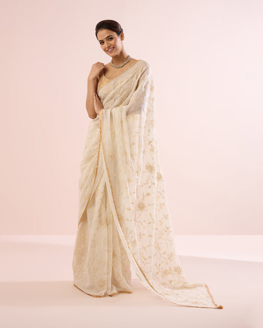 FRANGIPANI CHANDERI SILK SAREE- IVORY