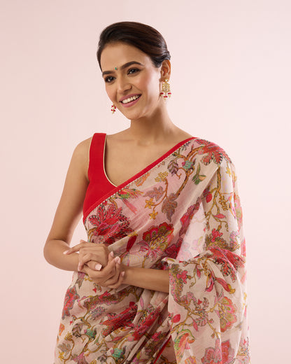 CHINTZ FLORAL CHANDERI SILK SAREE- IVORY & RED