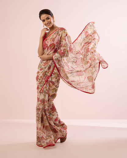 CHINTZ FLORAL CHANDERI SILK SAREE- IVORY & RED