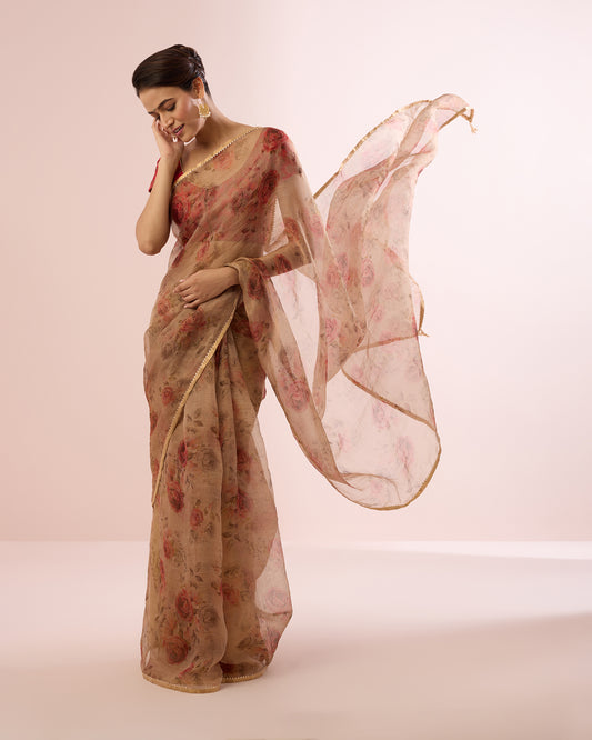 CABBAGE ROSE TISSUE CHANDERI SILK SAREE- BEIGE GOLD