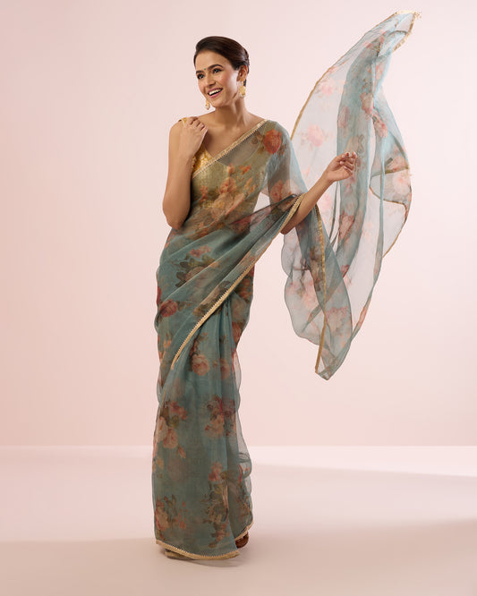 CABBAGE ROSE TISSUE CHANDERI SILK SAREE- TEAL GOLD
