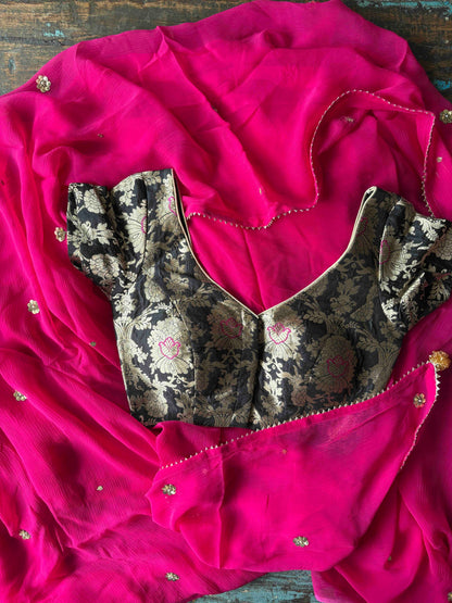 FUSCHIA TINSEL ROSE CHIFFON SAREE