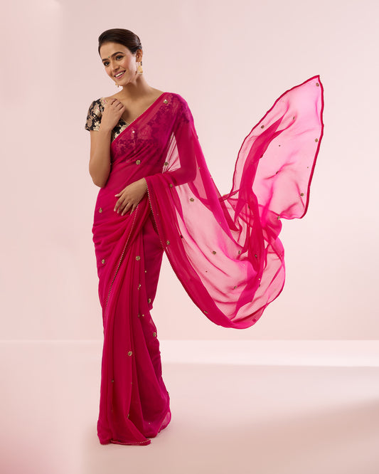 FUSCHIA TINSEL ROSE CHIFFON SAREE