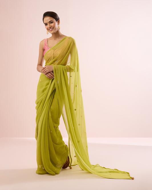 LIME GOLD FLORAL CHIFFON SAREE