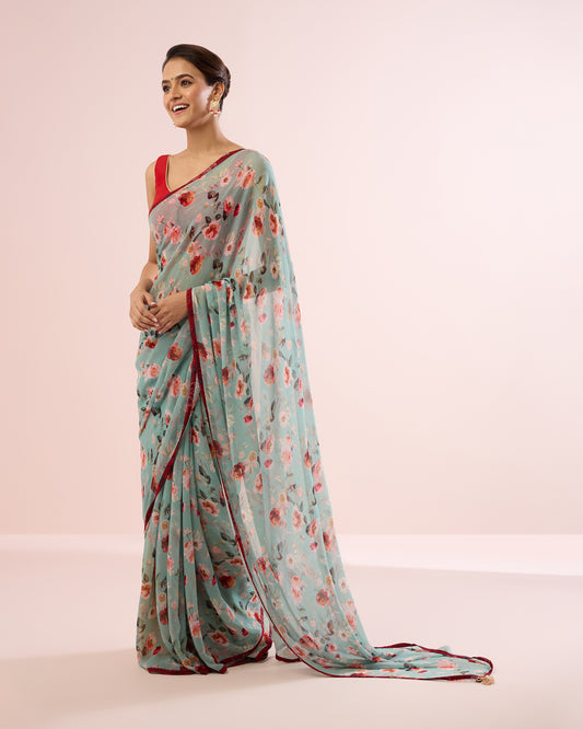 AQUA GERANIUM PRINTED CHIFFON SAREE