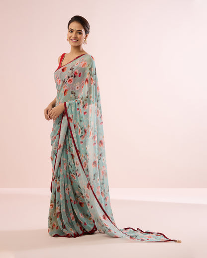 AQUA GERANIUM PRINTED CHIFFON SAREE