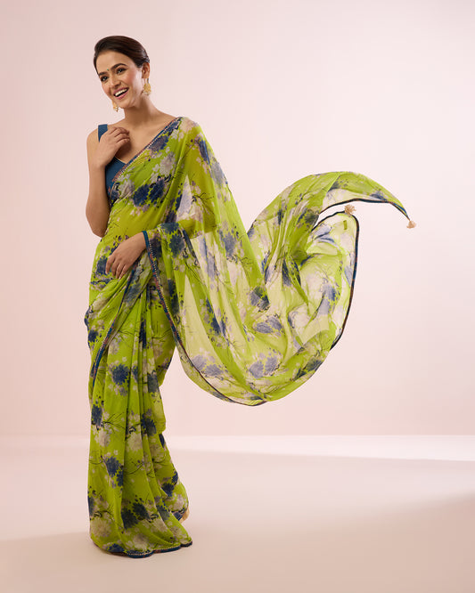 LIME DAHLIA PRINTED CHIFFON SAREE