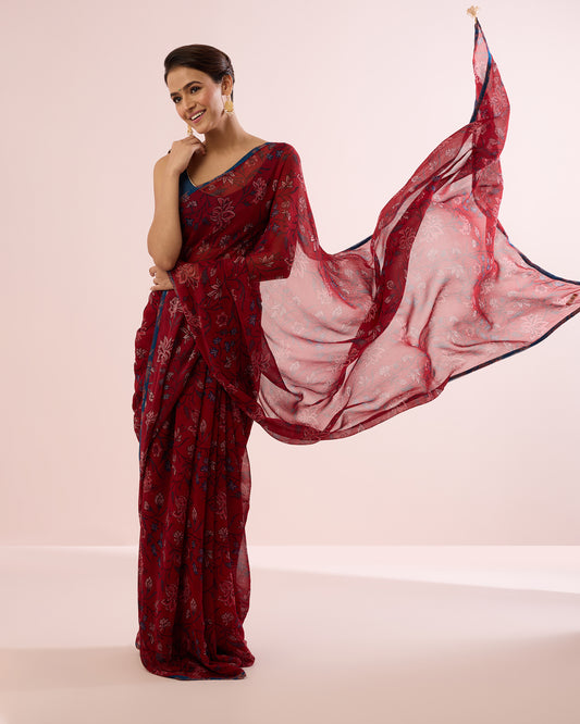 INTENSE RED IRIS PRINTED CHIFFON SAREE