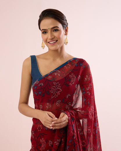 INTENSE RED IRIS PRINTED CHIFFON SAREE