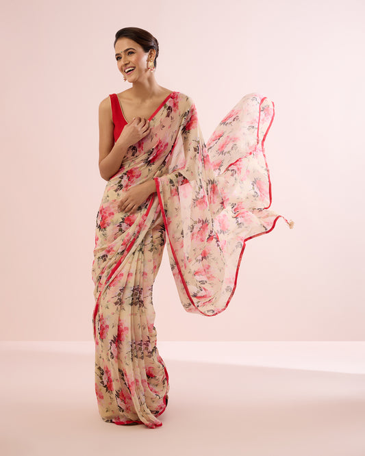 PINK CARNATION PRINTED CHIFFON SAREE