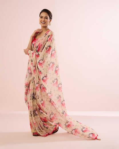 PINK CARNATION PRINTED CHIFFON SAREE