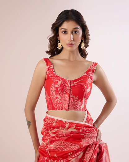 POPPY RED – Printed Sleeveless Chanderi Blouse