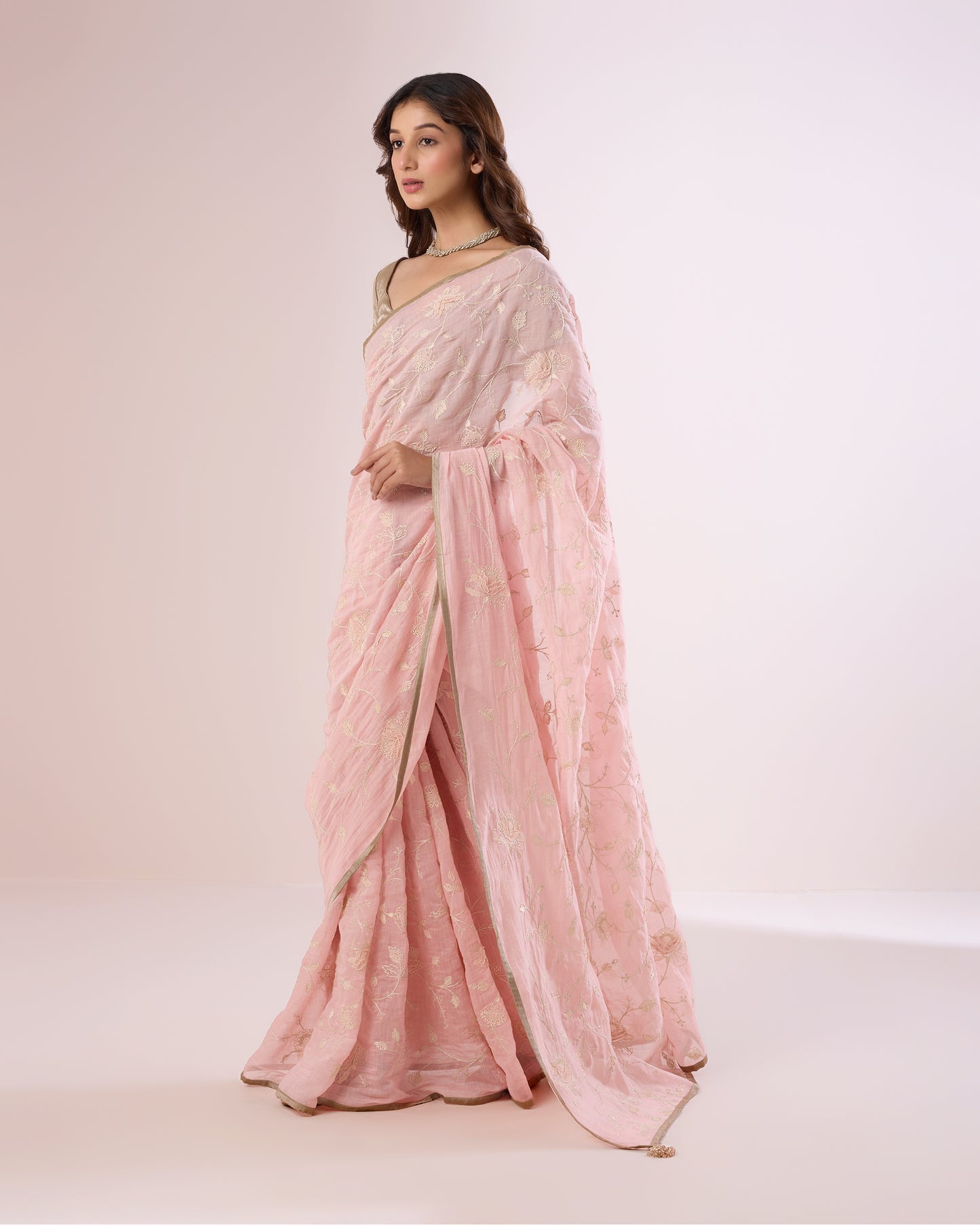 Frangipani Chanderi Silk Saree – Soft Pink