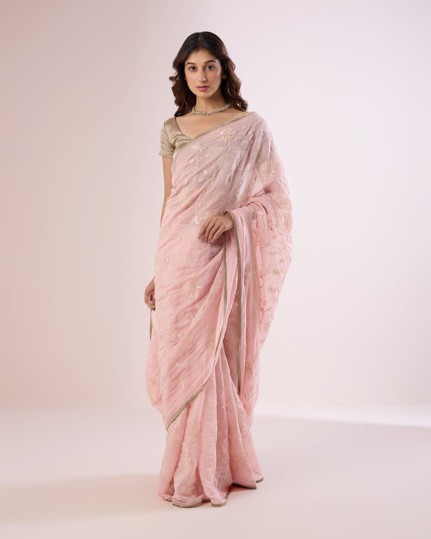 Frangipani Chanderi Silk Saree – Soft Pink