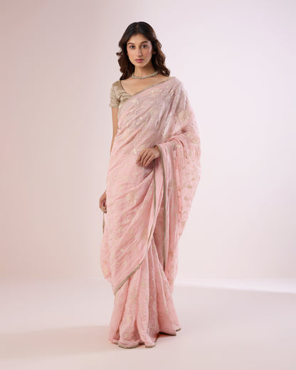 Frangipani Chanderi Silk Saree – Soft Pink