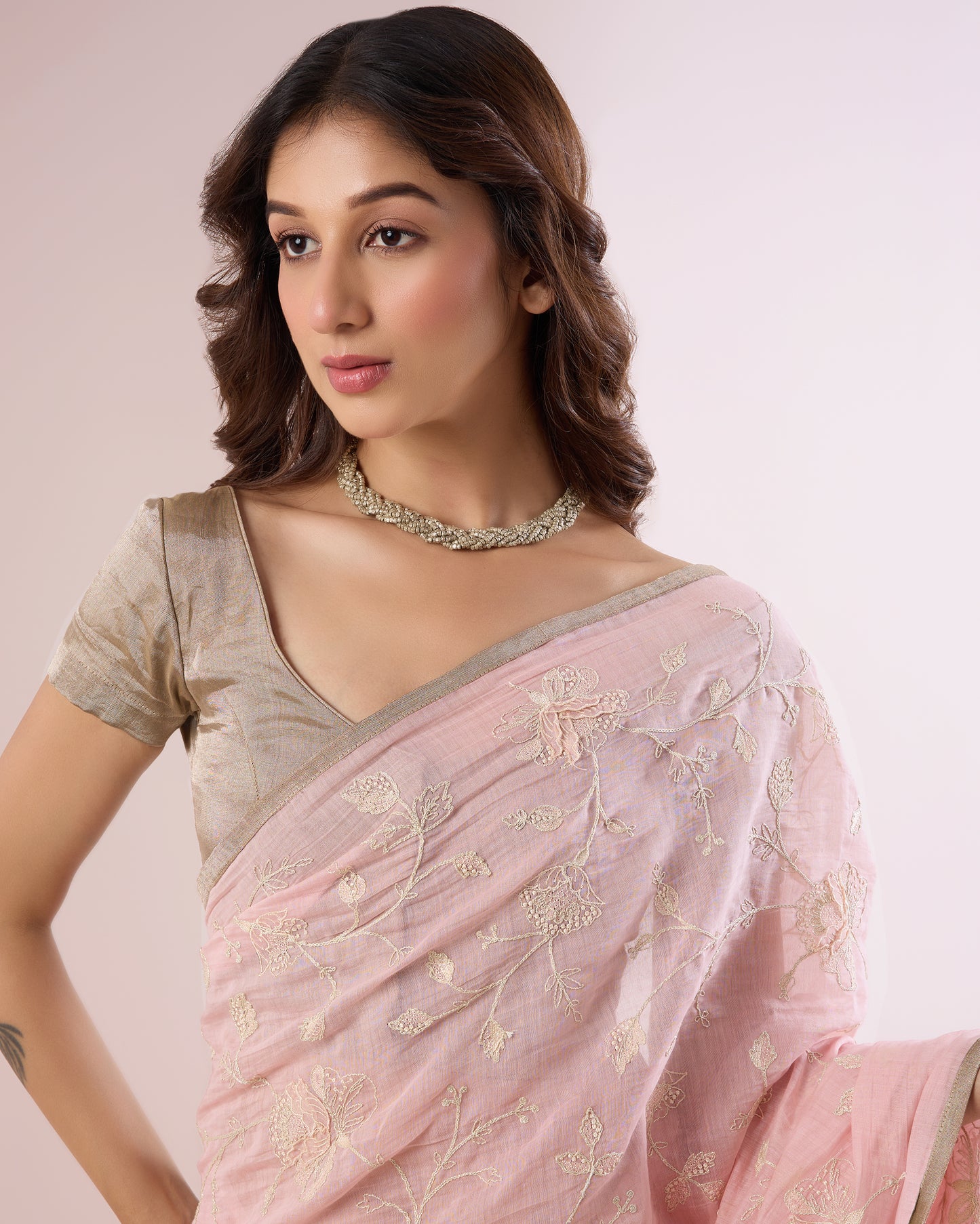Frangipani Chanderi Silk Saree – Soft Pink