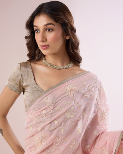 Frangipani Chanderi Silk Saree – Soft Pink