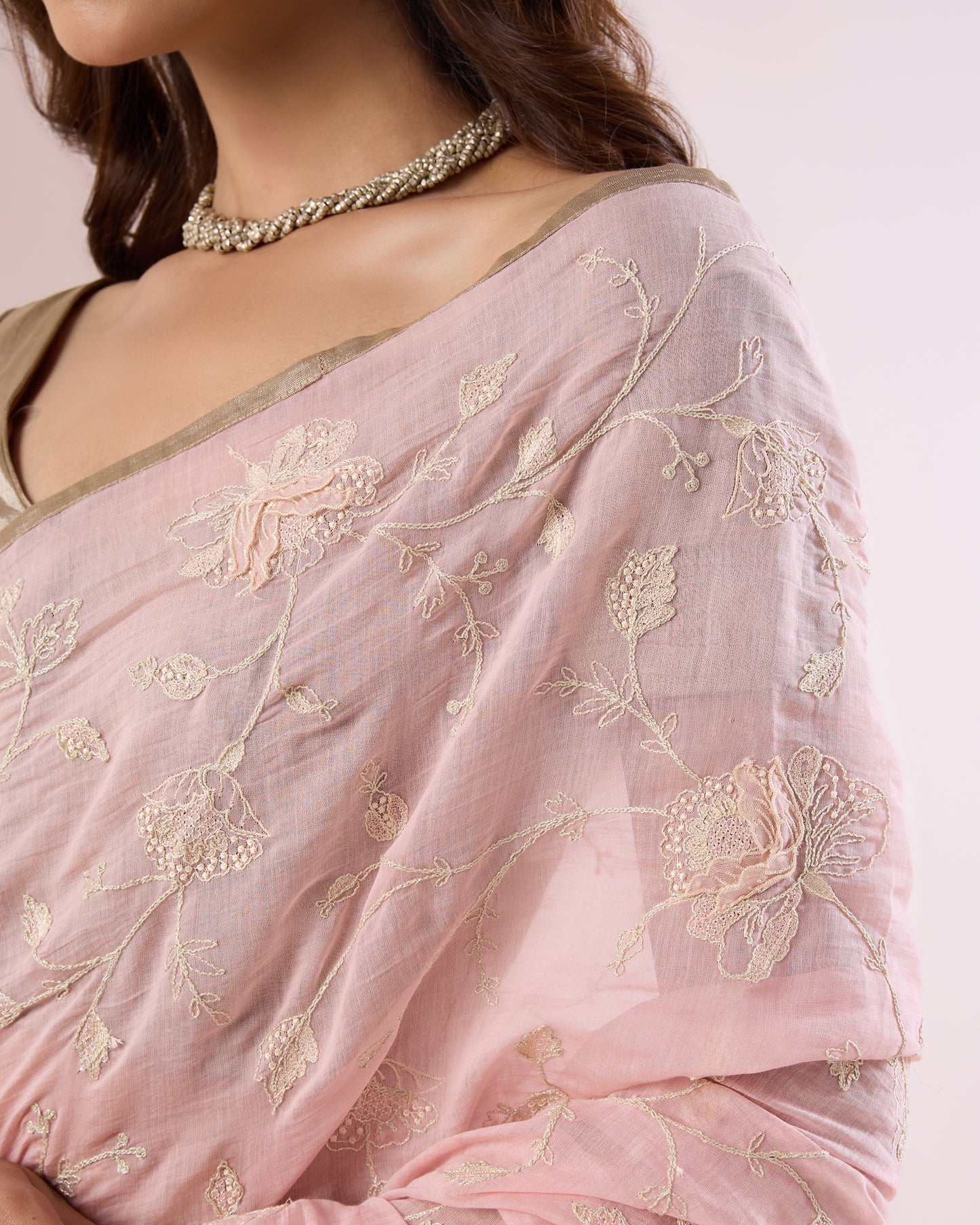 Frangipani Chanderi Silk Saree – Soft Pink