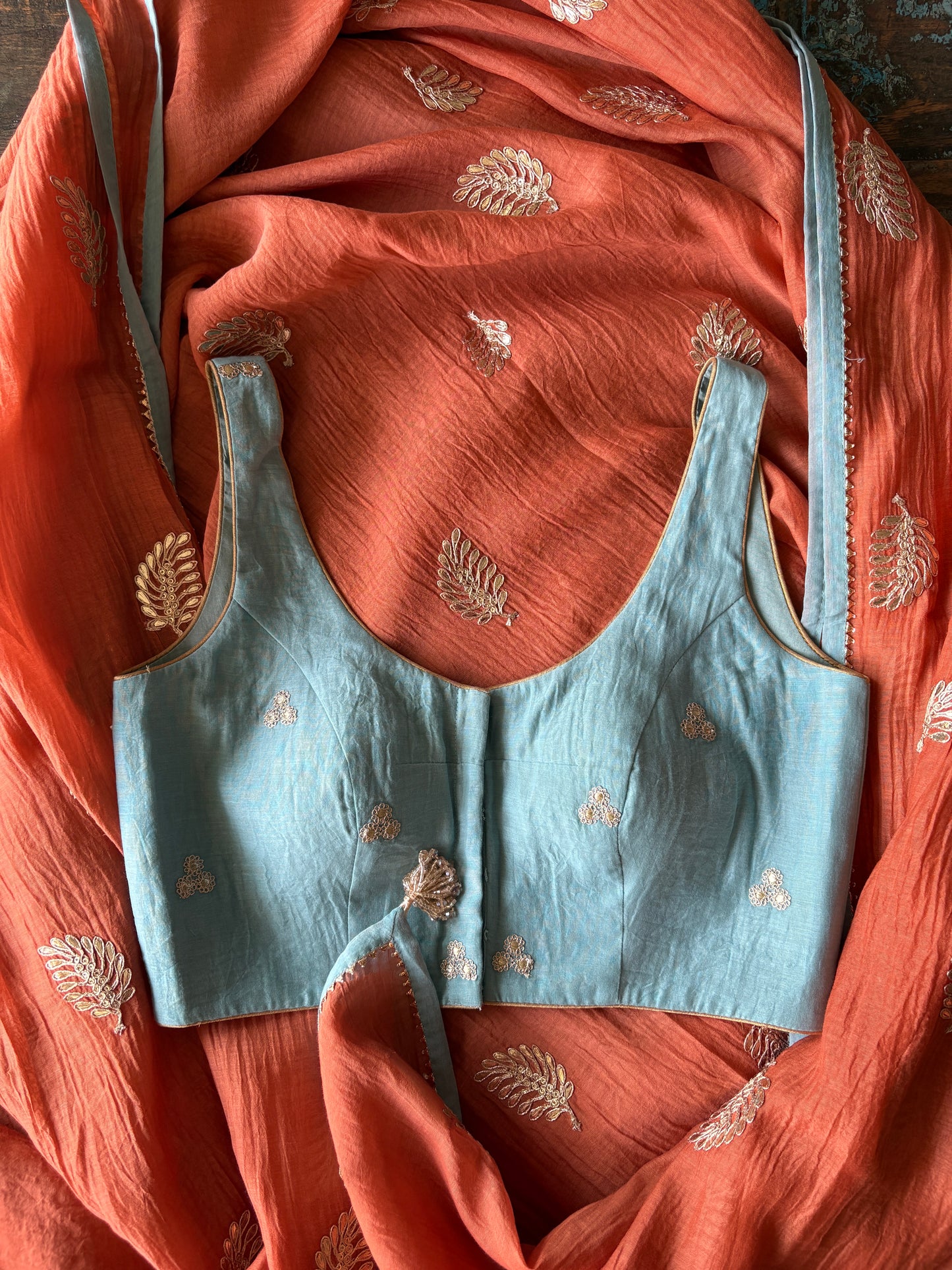 Fern Leaf Chanderi Silk Saree – Coral