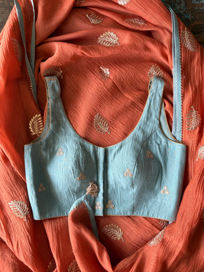 Fern Leaf Chanderi Silk Saree – Coral